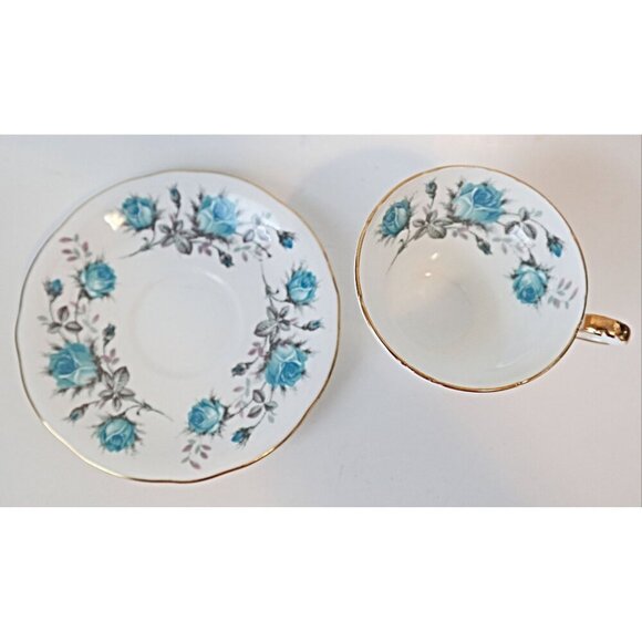 Vintage Aynsley Teacup & Saucer Tea Cup Blue Roses With Gold Gilt 1952 Corset o - Picture 4 of 6